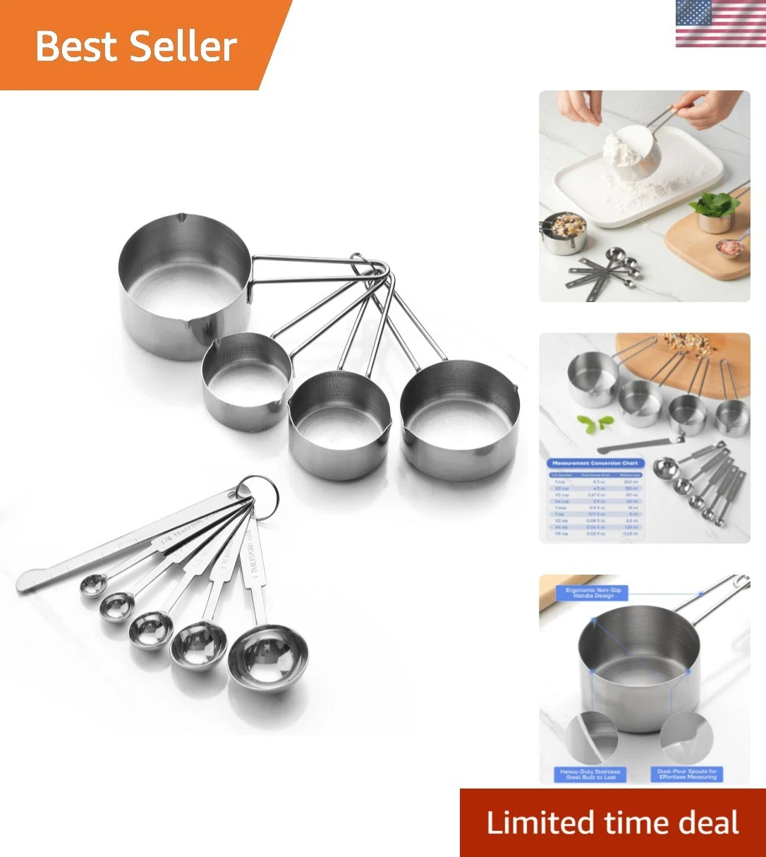 10-Piece Stainless Steel Measuring Cups and Spoons Set for Home Baking Essent...