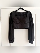 PrettyLittleThing Black Long Sleeve Corset Style Crop Top, Women's Size 6