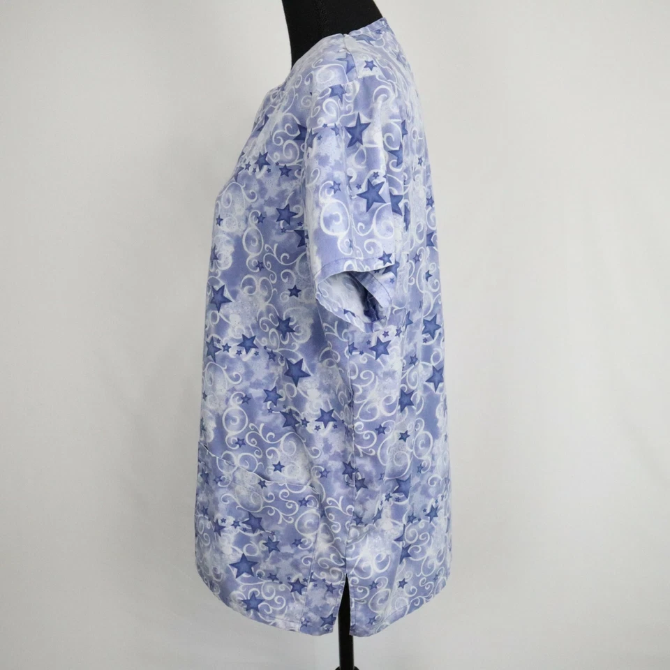 Stat Scrub Top Womens Small Medical Uniform V-Neck Blue Stars Short Sleeve - Image 2 of 4