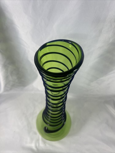 Art Deco Glass Vase Bright Lime Green Cobalt Blue Snake Cord Decor 19.5 In Tall - Picture 4 of 7