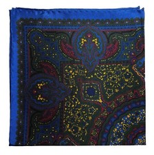 Forest Green  Blue Geometric Floral Silk Pocket Square Hand-Rolled in England 