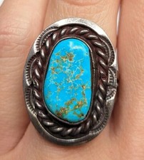 Sterling Silver Blue Turquoise Stone Twist Stamped Border Ring Sz 6 1/4 6.25
