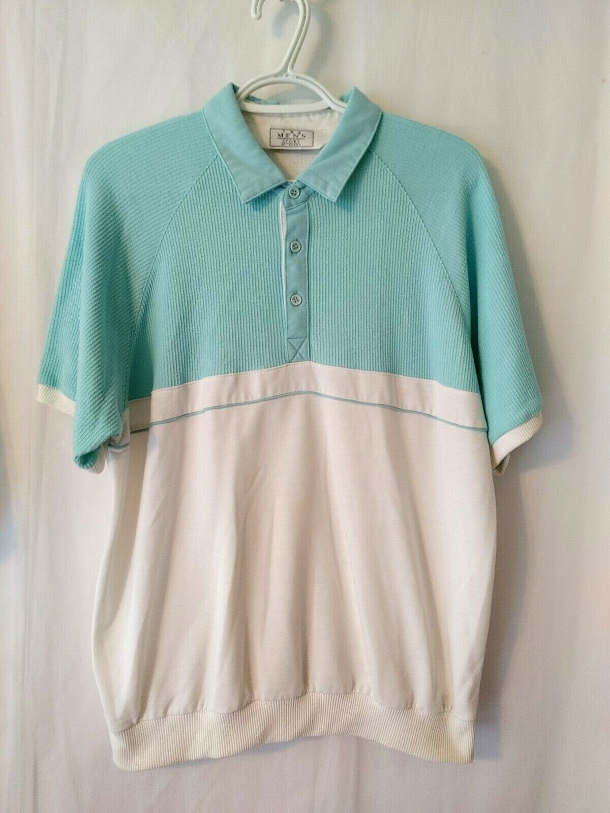 Vtg The Men's Store at Sears Banded  Polo Shirt Short Slv Mint & Wht LG #11965