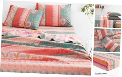  - Boho Bed Sheets, 4-Piece Sheet Set, Bohemian Chic Mandala Full Orange Green