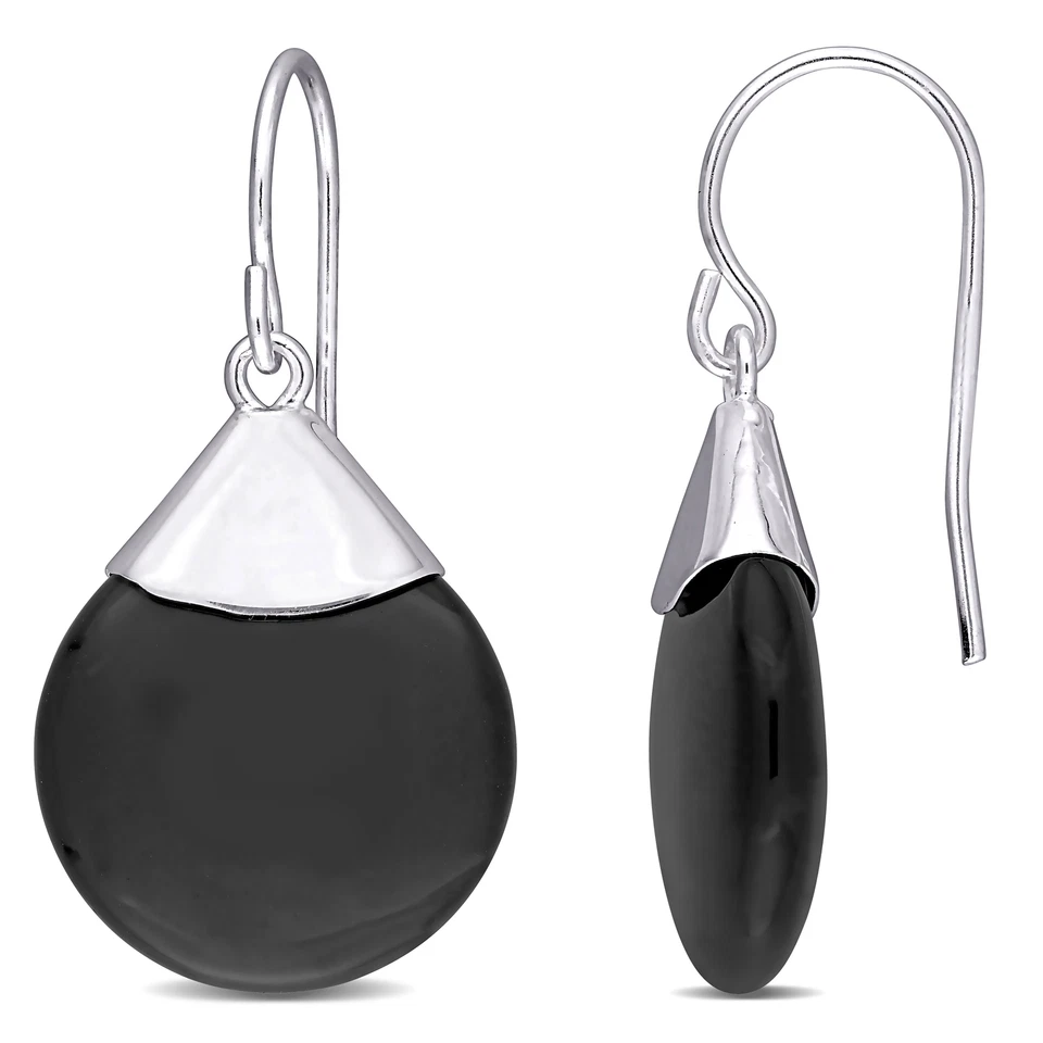 Amour Silver Round 15.75mm onyx Hook Earrings , shepherd hook backs