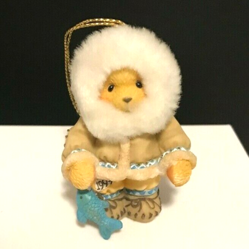 Vintage 1999 Enesco Cherished Teddy Eskimo w/ Fish Collectible Holiday Ornament - Picture 1 of 8