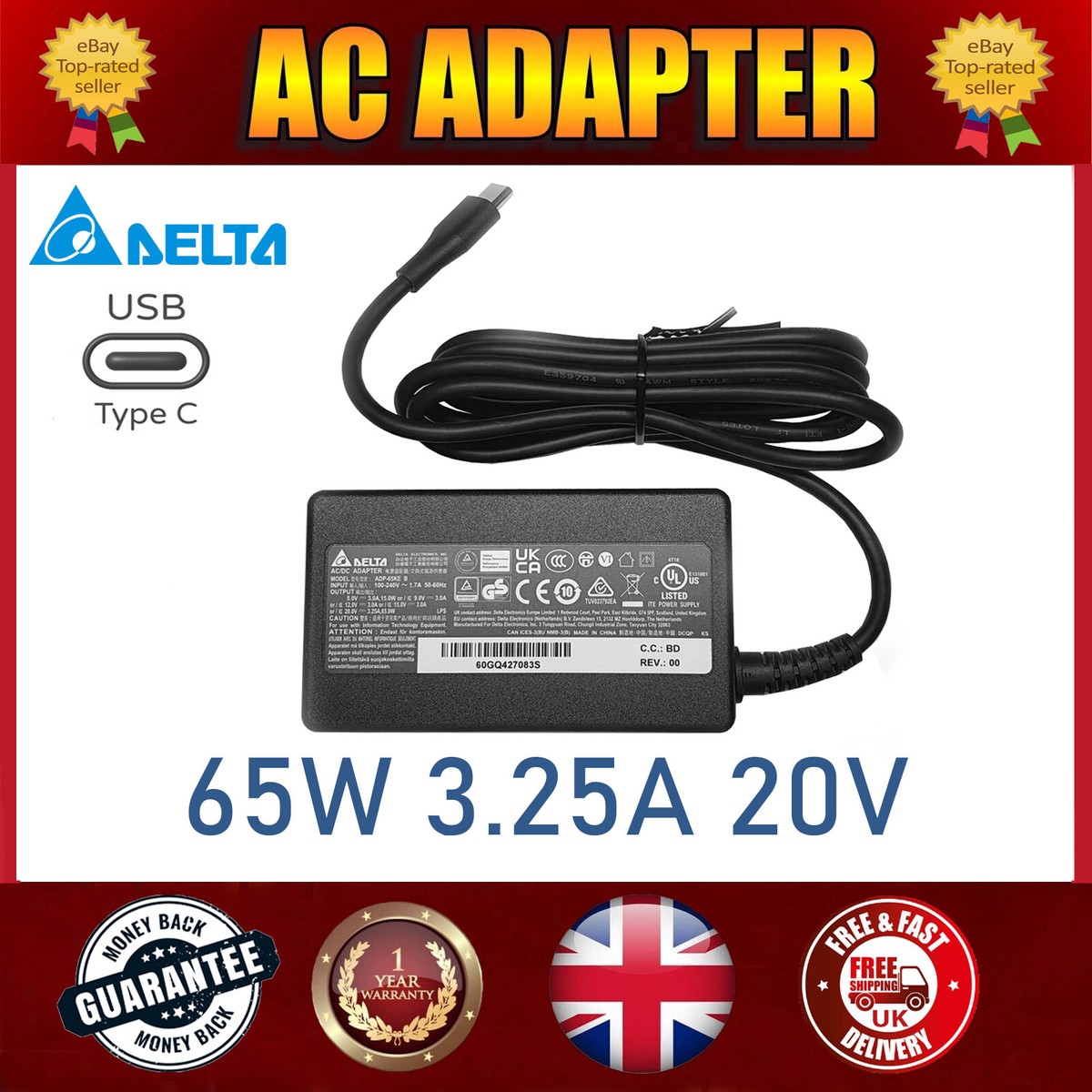 65W USB-C DELTA REPLACEMENT ADAPTER FOR ACER CHROMEBOOK R13 TAB 10