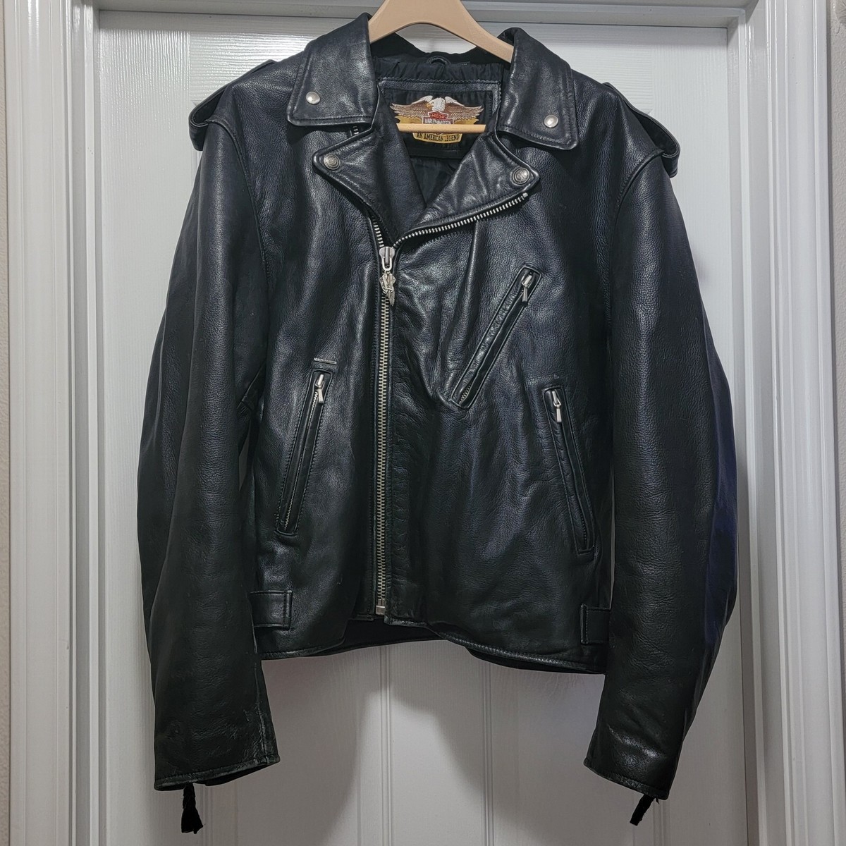 M*様 80s Harley-Davidson leather bomber j VTG 80s Harley Davidson Embossed V-Twin Super Glide II Black