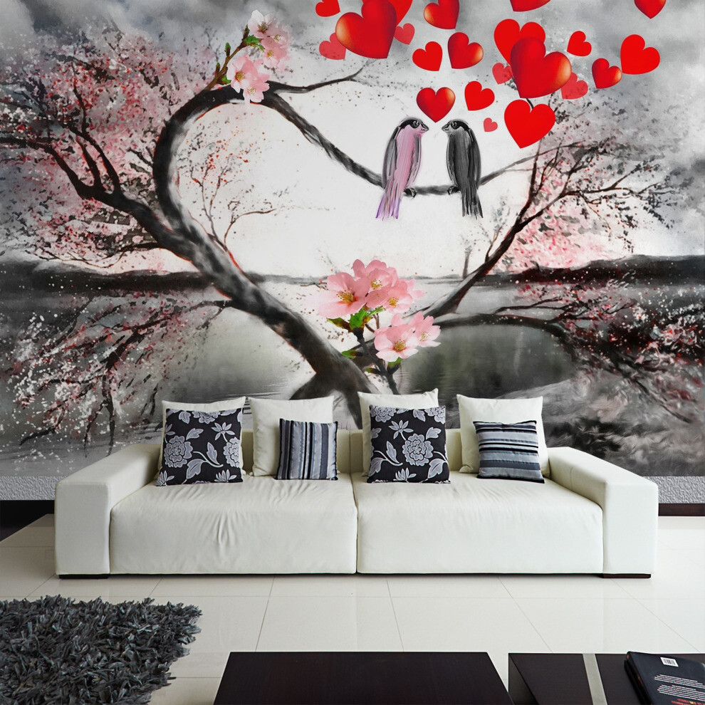 Fotomural fieltro y papel fondo de pantalla amor romance pájaros enamorados corazones rojos