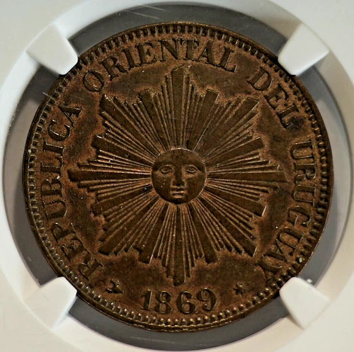 URUGUAY 4 centesimos BRONZE CURRENCY MONEY COIN 1869 H NGC AU 58 BN Sun Face
