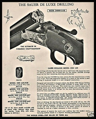 1962 SAUER Model 3000 Lux De Luxe Drilling Side by Side Shotgun PRINT AD