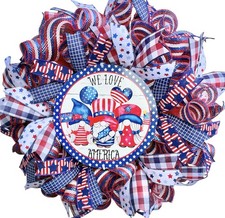 Patriotic Gnome Mesh Wreath Door Decoration Seasonal