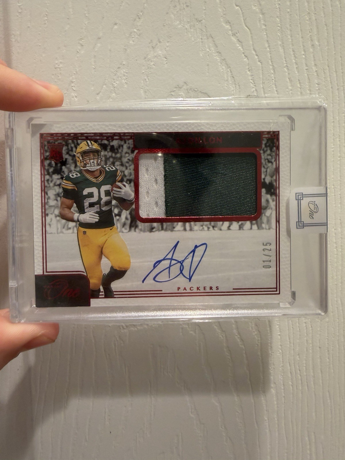 2020 Panini One - Rookie Patch Autographs AJ Dillon #24 Red /25 (AU, MEM, RC)