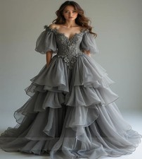 Gorgeous Gray Fantasy Wedding Dress With Lace A Line Puff Sleeves Fairy Gothic