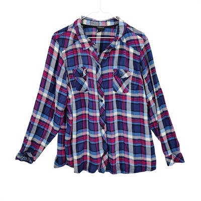 Torrid Women Button Down Plaid Shirt Grunge Western 3X Blue Pink Long Sleeve