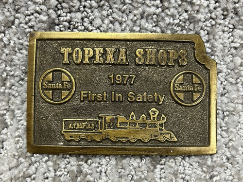 Vintage Santa Fe Belt Buckle First in Safety Topeka Railroad Memorabilia USA 70s