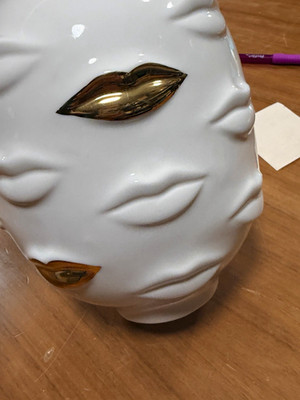 Jonathan Adler Gilded Muse White Ceramic Face Vase Gold Lips Hand Painted