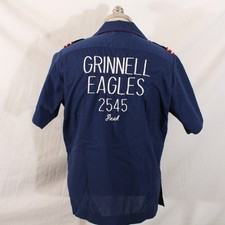 Vtg 1970s King Louie Mens Sz M Blue Chain Stitch Bowling Shirt Epaulets Grinnell