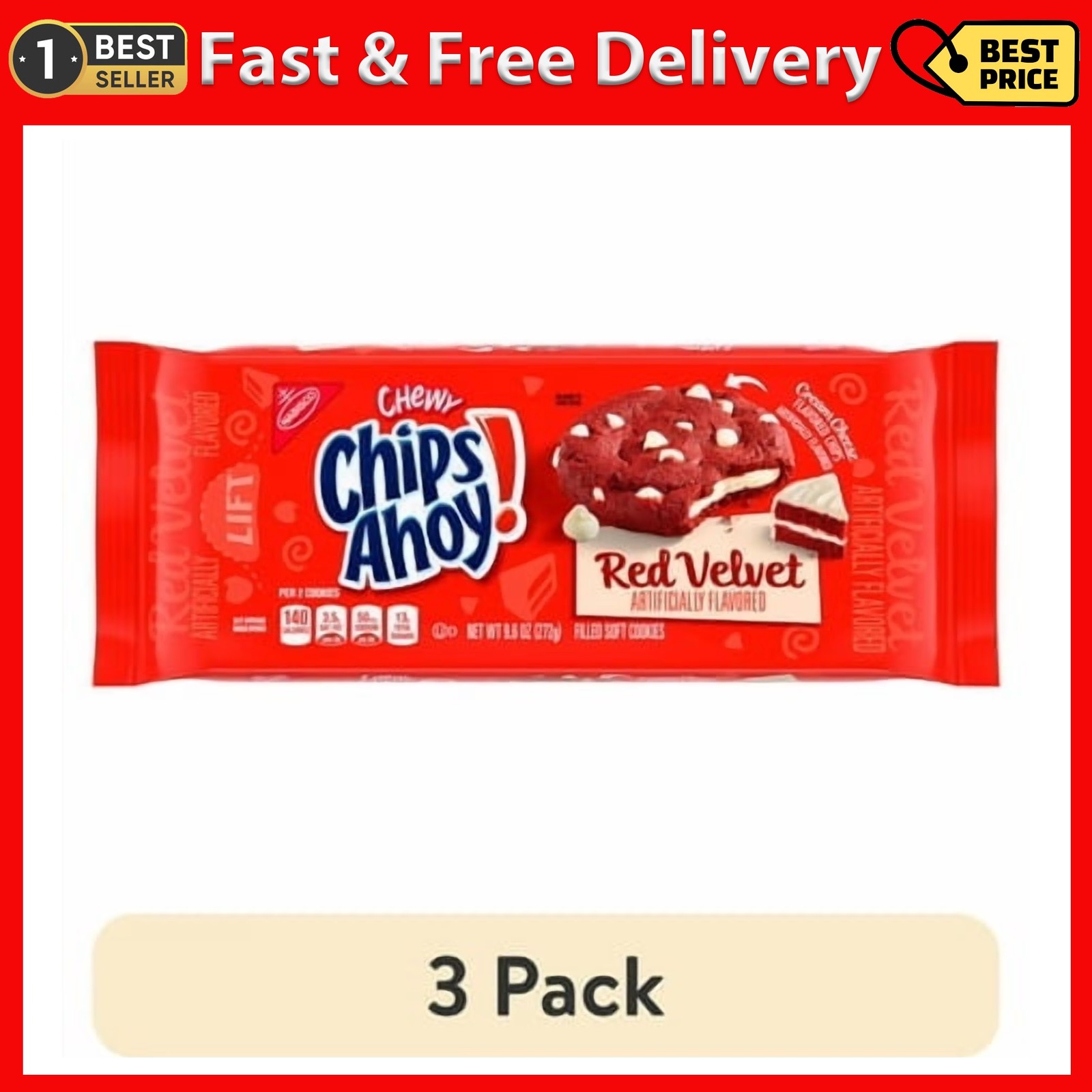 (Pack de 3) CHIPS AHOY! Galletas masticables de terciopelo rojo, 9,6 oz