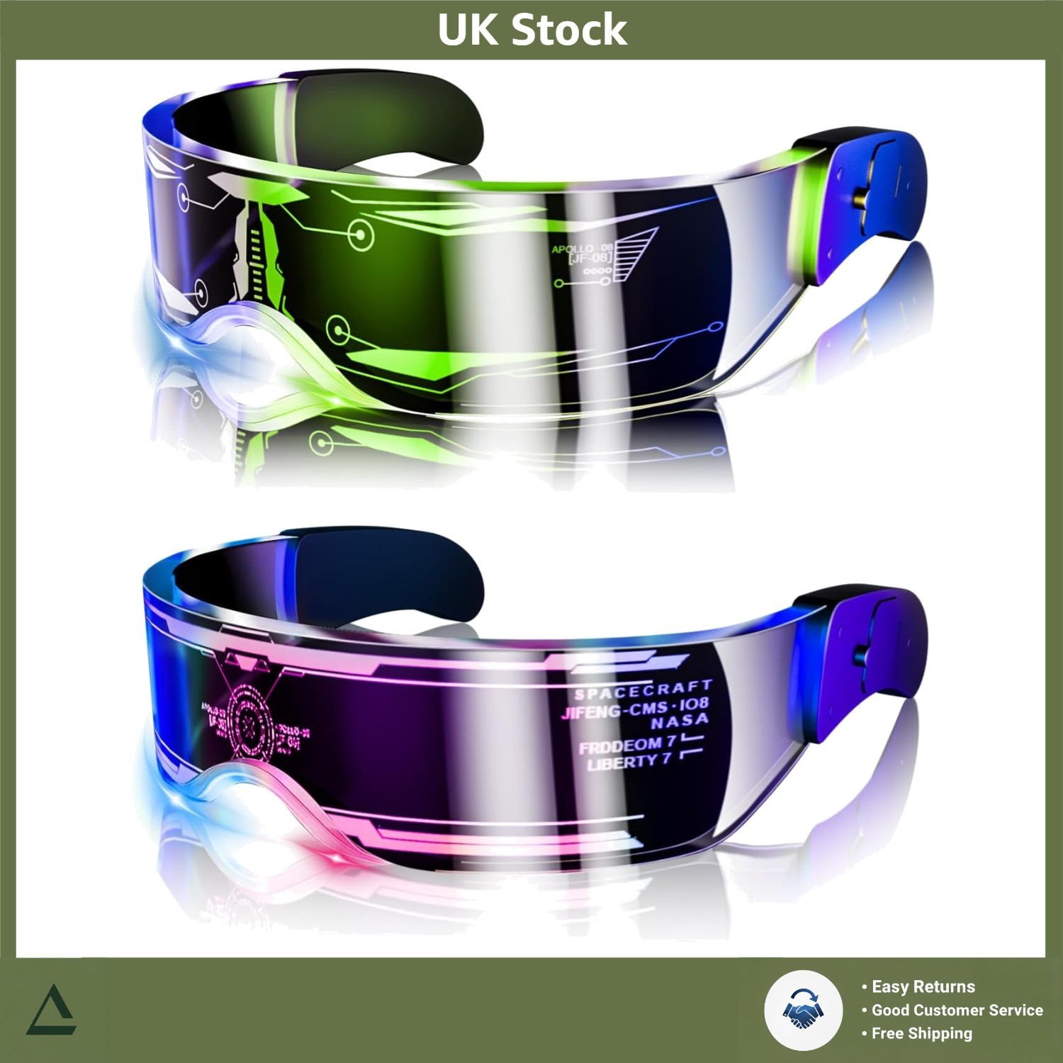 Cool LED Visor Glasses Neon Luminous Light Up Adults 7 Color 5 Modes 2pcs