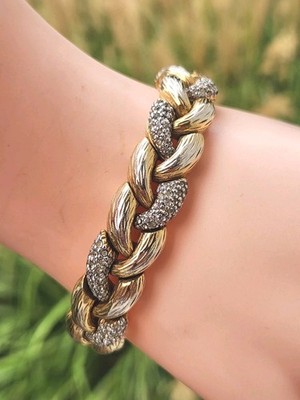 Vintage Signed CINER Clear Rhinestone Encrusted Goldtone Braided 7.25'' Bracelet 