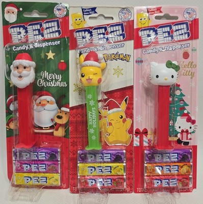 3 PEZ Christmas Holiday Dispenser Lot Santa Pikachu Pokemon Hello Kitty Candy