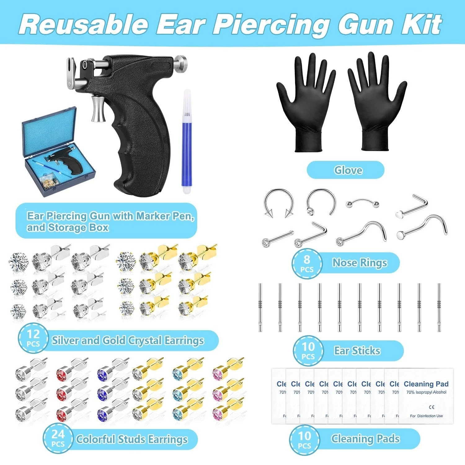 Professional Ear Piercing Gun Kit, Reusable Ear Piercing Machine with Colorful C - product detail image 2