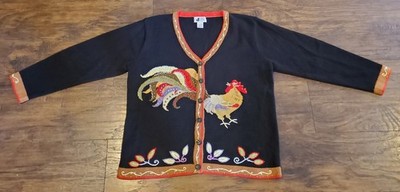 Vintage Cardigan Sweater Womens Large Chicken Rooster Beaded J Two New York 90s