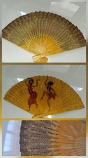 Folding Hand Painted Fan Carved Wood Gold - Message For Custom/ Bulk Discounts -