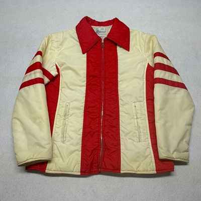 #ad Vintage 70s Kmart Puffer Jacket Racing Stripe Nylon Red Cream Mens Medium $22.99