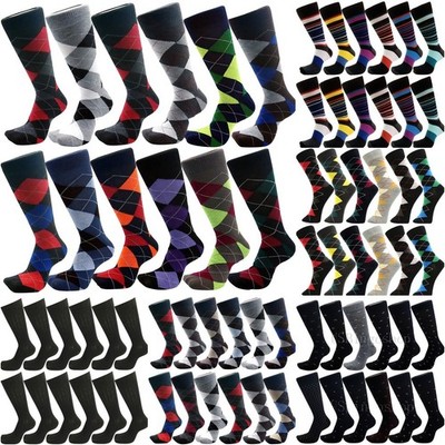 3-12 Pairs Men's Cotton Dress Socks Funky Argyle Striped Fashion Crew Size 10-13