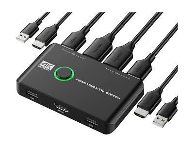 4K KVM Switch HDMI 2 Port Box, USB HDMI KVM Switches for 2 Computers Share Ke...