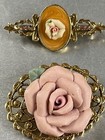 Brooches Pins Roses Various Shapes Rose Theme Vintage Lot  Enamel Metal Cameo — photo 5
