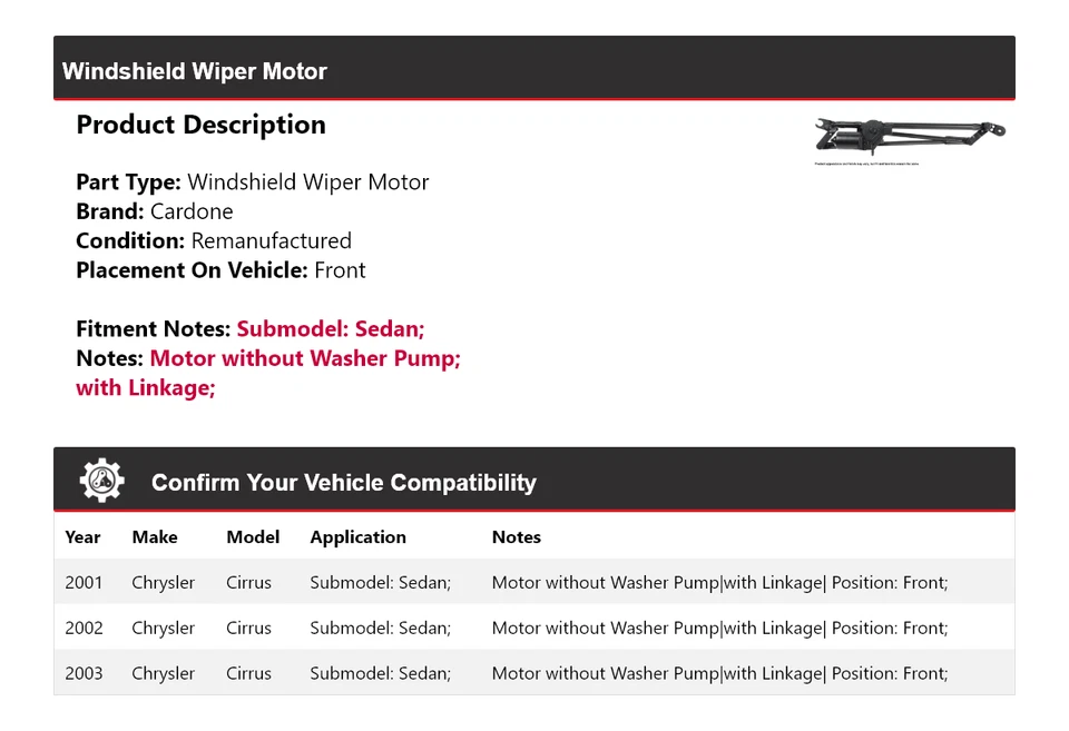 For 2001-2003 Chrysler Cirrus Sedan Windshield Wiper Motor Front Cardone 2002 - Image 2 of 4