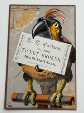 Antique Victorian Parrot Trade Card Carlson Railroad Ticket Broker Jamestown NY 
