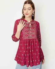 Indian Women Wine Floral Printed Round Neck Kurta Kurti Top Tunic Dress