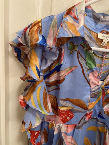NWT Umgee Leaf Print Tiered Midi Dress Flutter Sleeves Periwinkle Cottage Core L - Picture 7 of 13