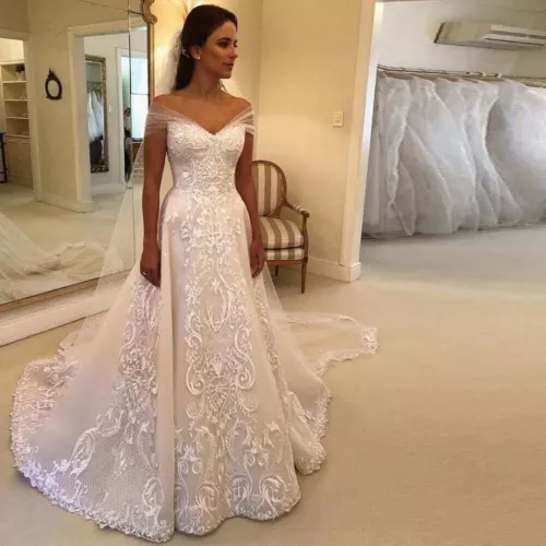 Elegant V Neck Wedding Dresses A Line Applique Lace Sweep Train Off-shoulder New - Picture 7 of 7