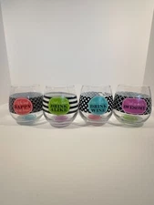 Set of 4 Stemless Wine Glasses-Various sayings-Fun Spring/Summer Bright Colors 