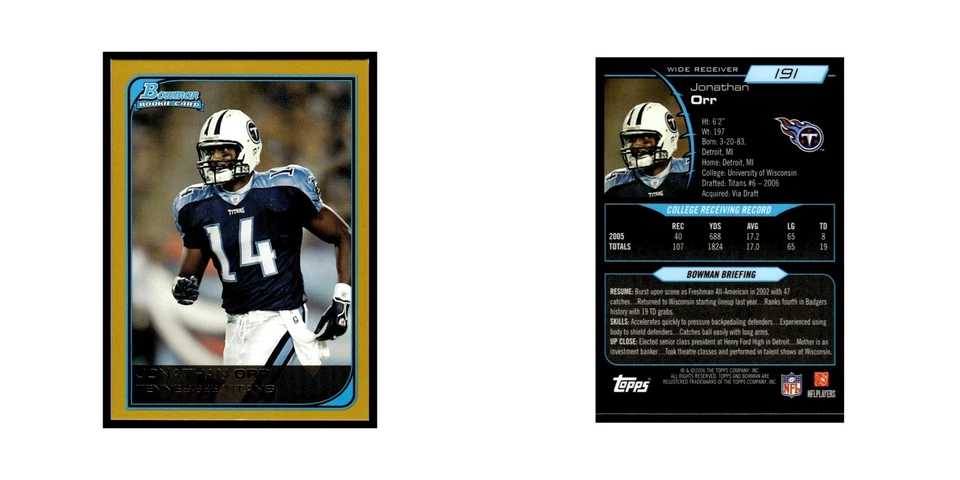 2006 Bowman Gold Jonathan Orr RC Titans #191 - Image 3 of 3