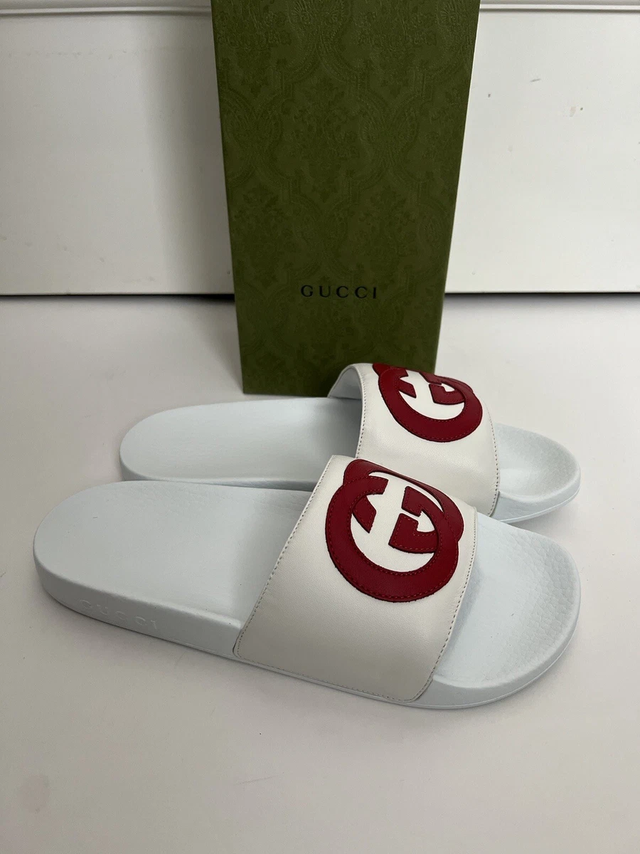 Gucci White Nappa Leather Red GG Logo Slides Size 40 NIB