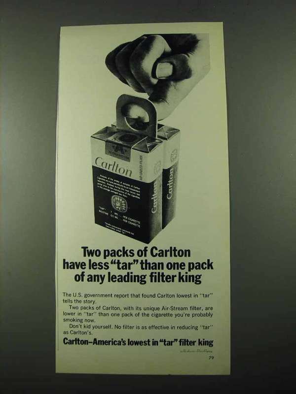 carlton green filter cigarettes 1969 Carlton Cigarettes Ad - Two Packs Have Less Tar