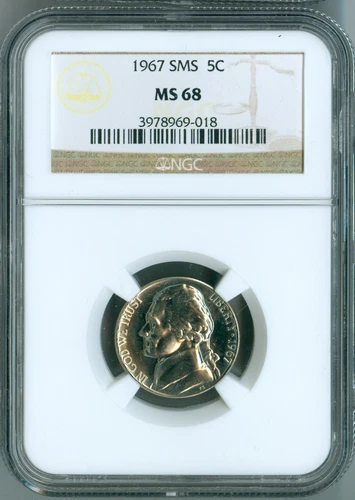 1967 SMS NGC MS68 Jefferson Nickel 5c, Second Finest Registry, Low Pop Beauty!