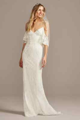 🤍 GALINA Off-White Lace V-Neck Cold Shoulder Sheath Bridal
