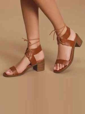 Sandales Femme Talon Carré 6 Cm Cuir Synthétique Marron Lacs Confortables CZ097 - Photo 1/3