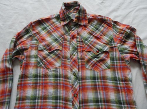 Orange Green Plaid Long Sleeve Pearl Snap Western Shirt - XS Mens Cinch Small - Picture 3 of 6