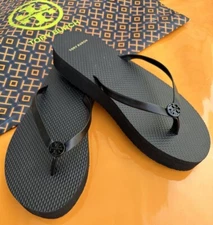 NWT Tory Burch Flatform Solid Black Flip Flop Sandals PU/EVA Black Logo Sz 8
