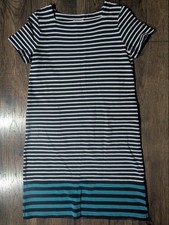 J Jill Navy White & Turquoise Striped Preppy Classic Tshirt Cotton Dress Size XS