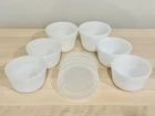 Lot of 6 Vintage Glasbake Milk Glass ~ 3” Ramekins Custard Cups w 5 Plastic Lids