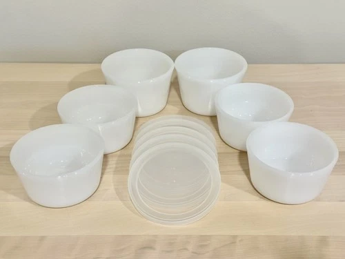Lot of 6 Vintage Glasbake Milk Glass ~ 3” Ramekins Custard Cups w 5 Plastic Lids